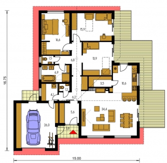 Spiegelverkehrter Entwurf | Grundriss des Erdgeschosses - BUNGALOW 166